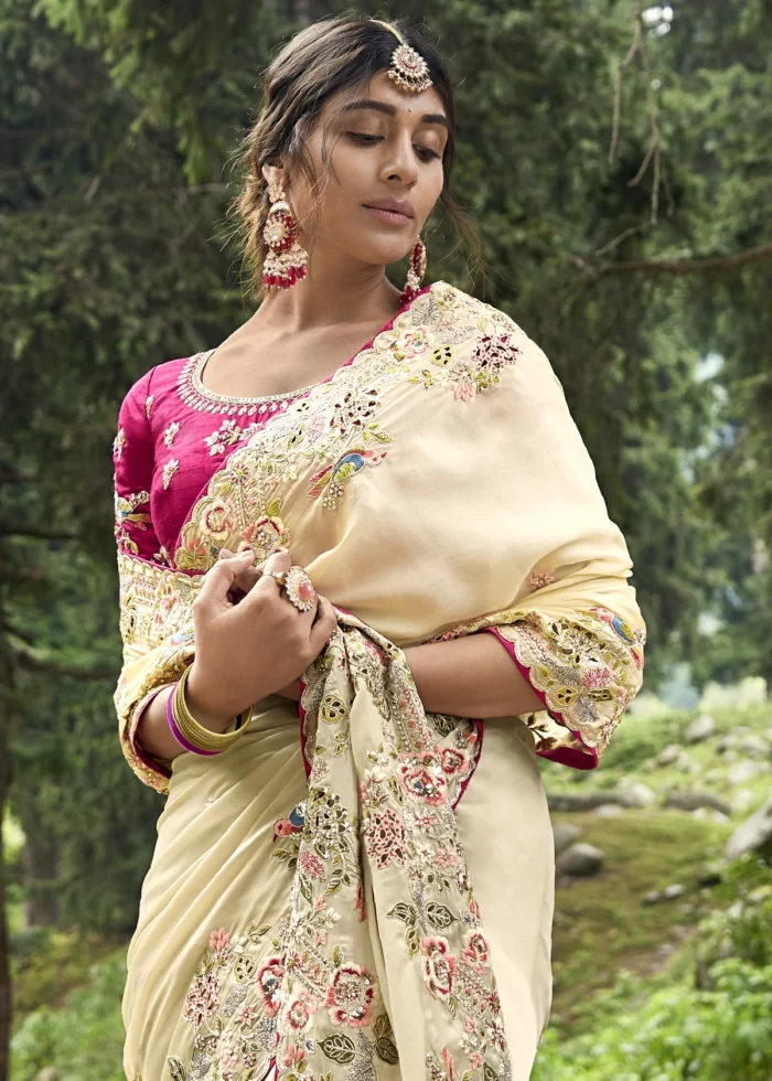 Cream Embroidered Organza Saree