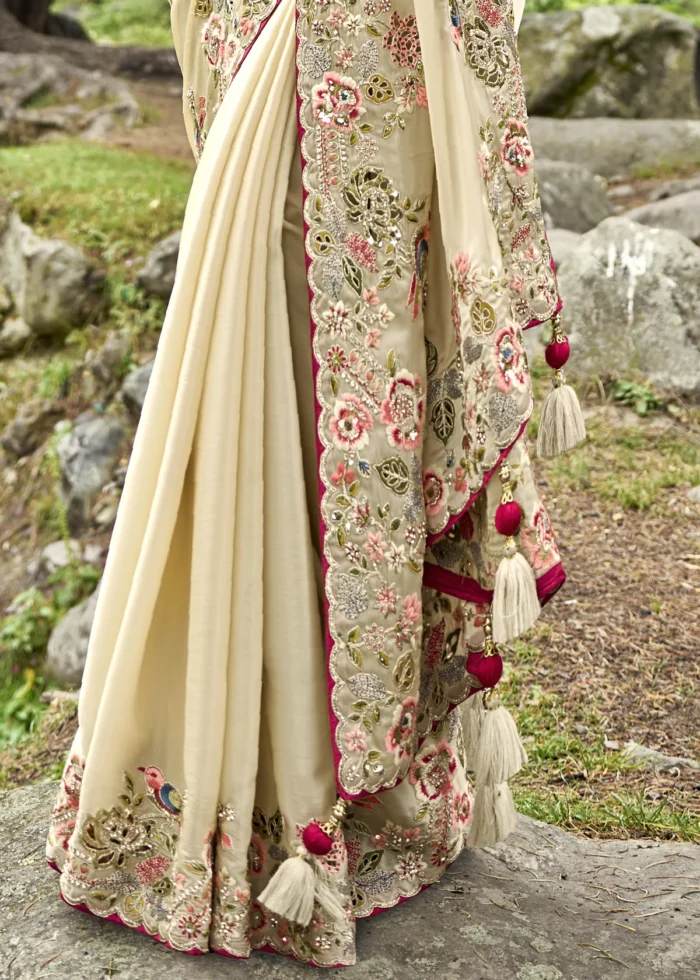 Cream Embroidered Organza Saree