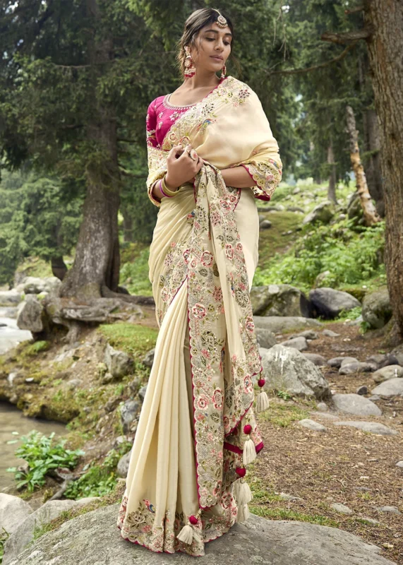 Cream Embroidered Organza Saree