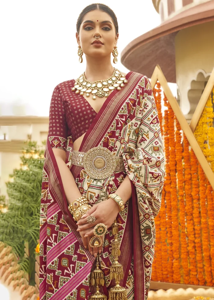 Cream and Maroon Patola Saree