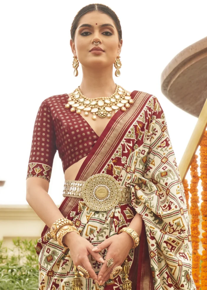 Cream and Maroon Patola Saree