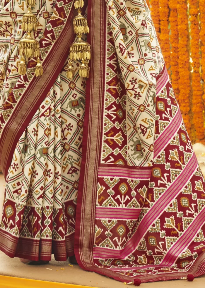 Cream and Maroon Patola Saree