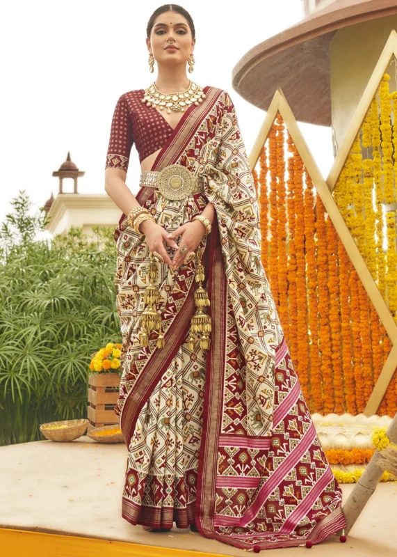 Cream and Maroon Patola Saree