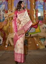 Cream and Pink Banarasi Silk Saree