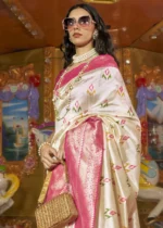 Cream and Pink Banarasi Silk Saree