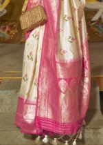 Cream and Pink Banarasi Silk Saree