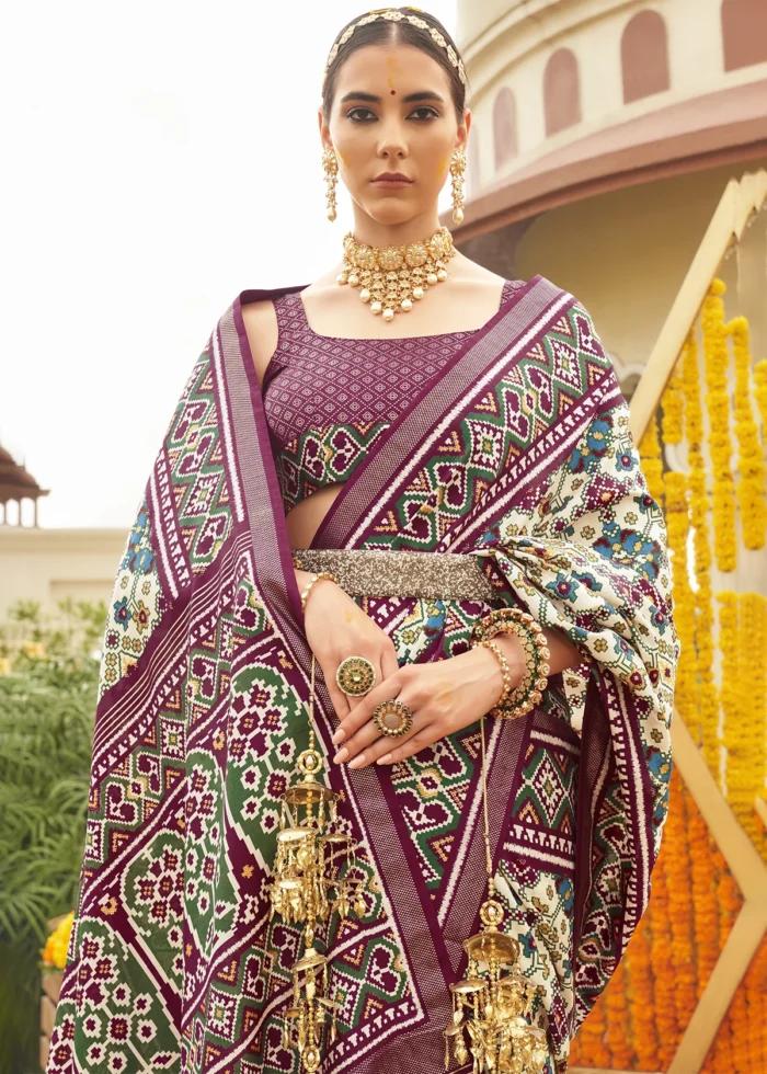 Cream and Purple Patola Saree