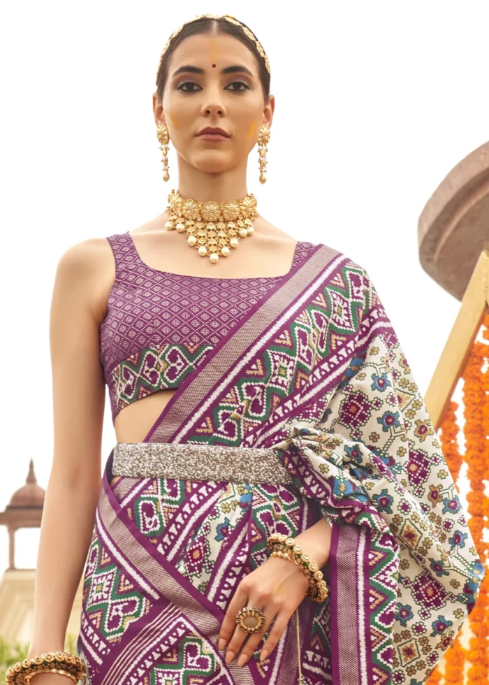 Cream and Purple Patola Saree