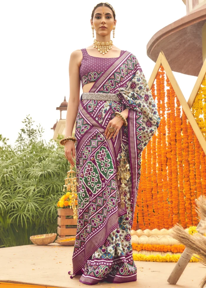 Cream and Purple Patola Saree