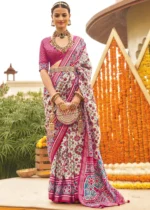 Cream and Rani Pink Patola Saree