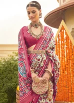 Cream and Rani Pink Patola Saree