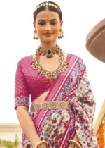 Cream and Rani Pink Patola Saree