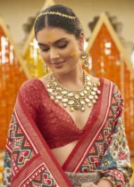 Cream and Red Patola Saree