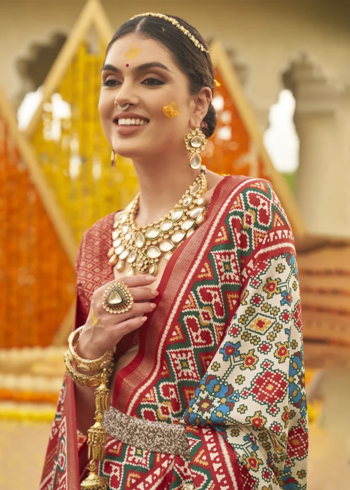 Cream and Red Patola Saree