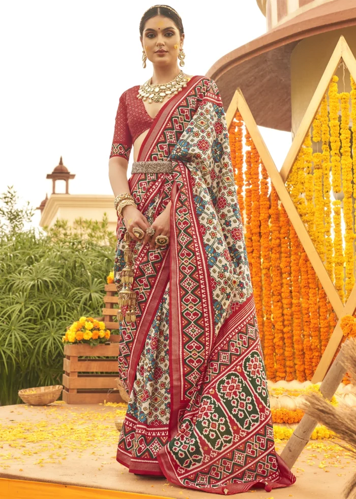 Cream and Red Patola Saree