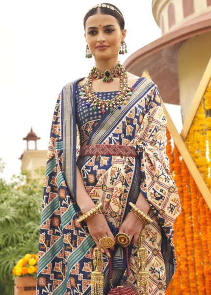 Cream and Royal Blue Patola Saree