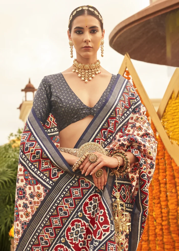 Cream and Slate Gray Patola Saree