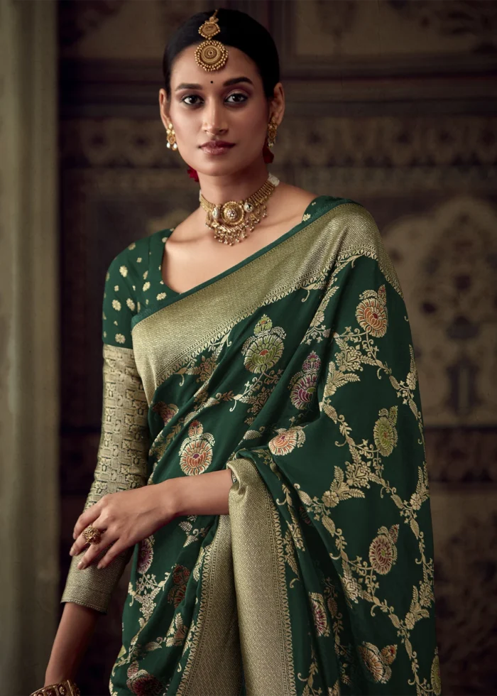 Dark Green Georgette Silk Banarasi Saree with Meenakari