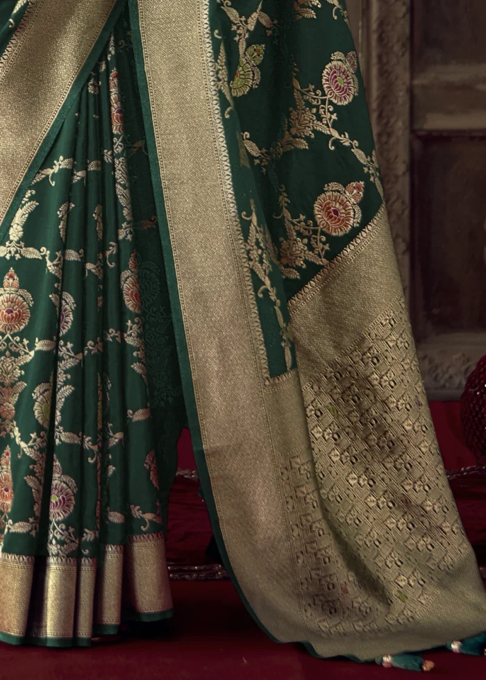 Dark Green Georgette Silk Banarasi Saree with Meenakari