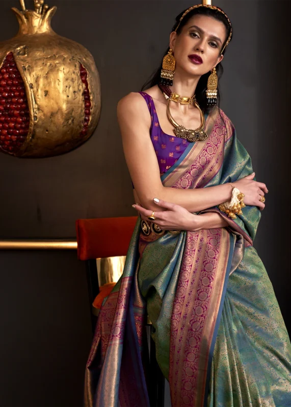 Dark Green Kanjivaram Saree with Contrast Blouse