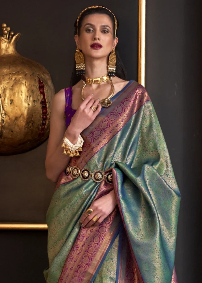 Dark Green Kanjivaram Saree with Contrast Blouse