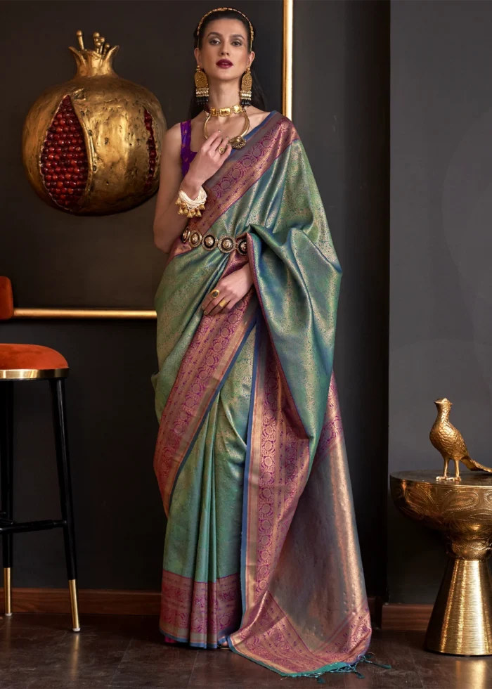 Dark Green Kanjivaram Saree with Contrast Blouse