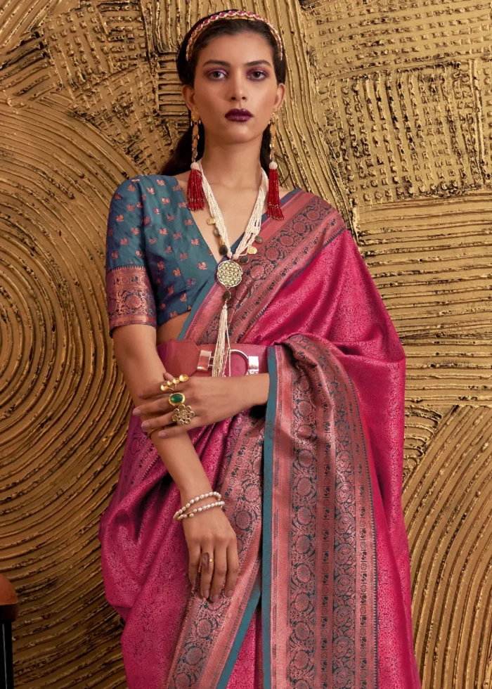 Dark Pink Kanjivaram Saree with Contrast Blouse