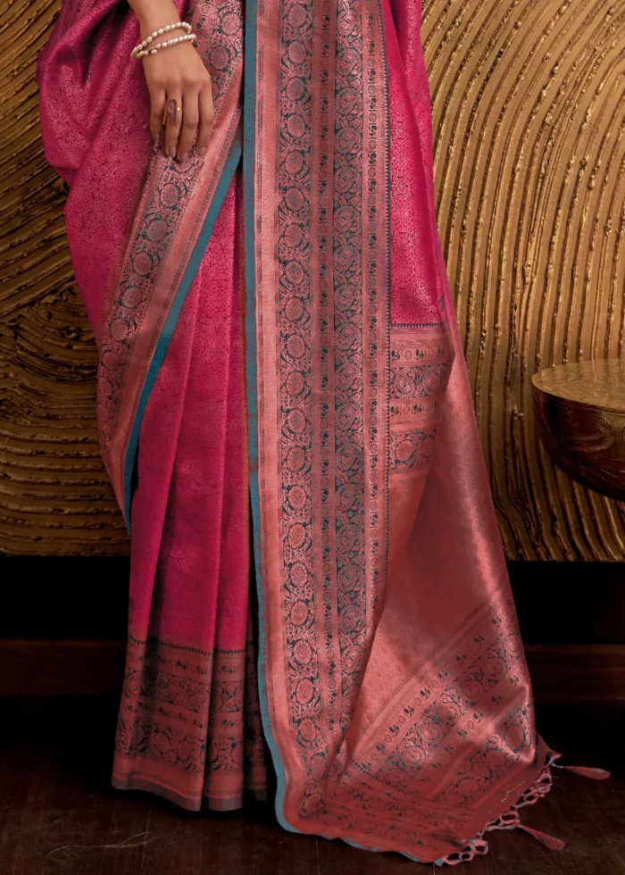 Dark Pink Kanjivaram Saree with Contrast Blouse