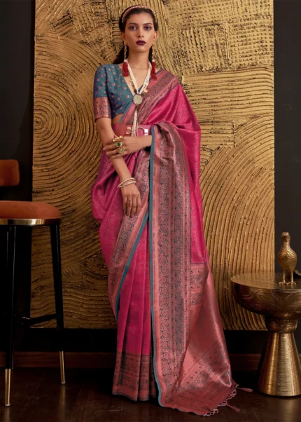 Dark Pink Kanjivaram Saree with Contrast Blouse