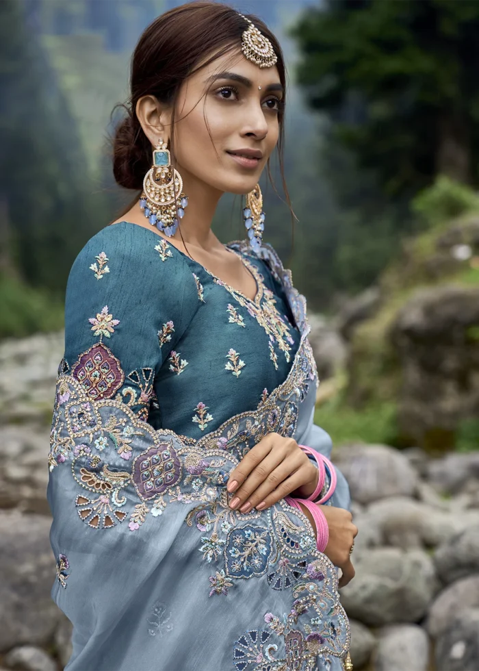 Dusty Blue Embroidered Organza Saree