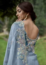 Dusty Blue Embroidered Organza Saree