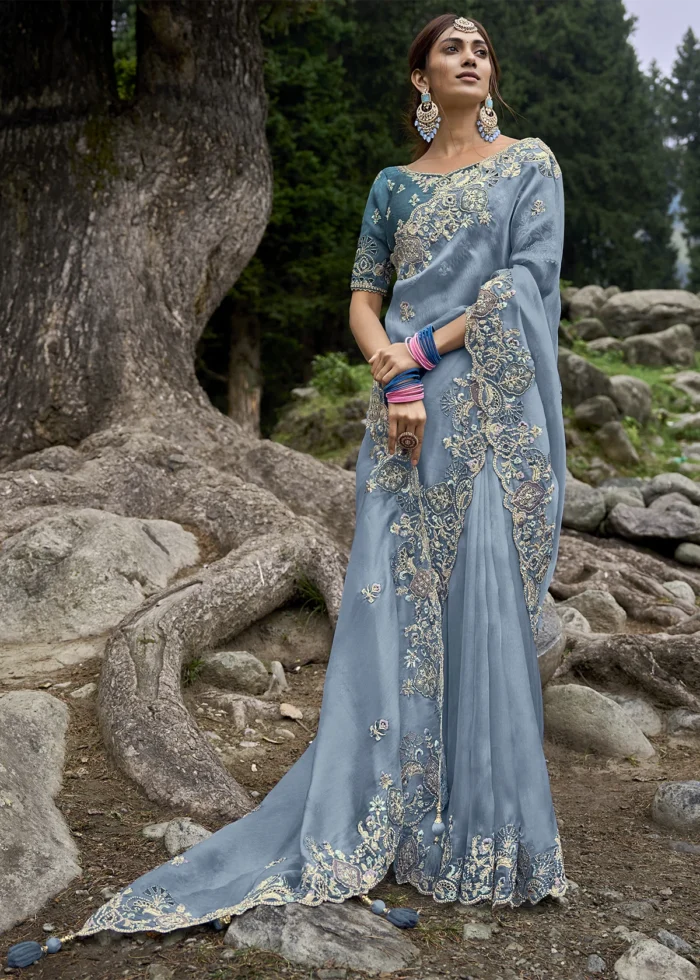 Dusty Blue Embroidered Organza Saree