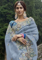 Dusty Blue Embroidered Organza Saree