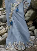 Dusty Blue Embroidered Organza Saree