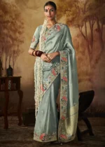 Dusty Blue Kanjivaram Silk Saree with Embroidery Work