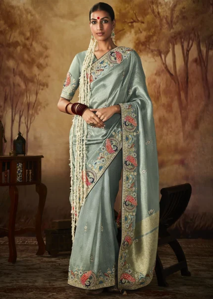 Dusty Blue Kanjivaram Silk Saree with Embroidery Work