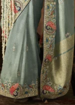 Dusty Blue Kanjivaram Silk Saree with Embroidery Work