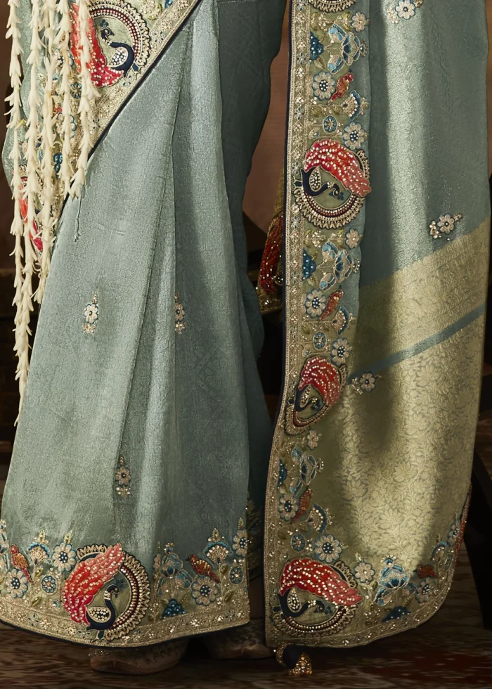 Dusty Blue Kanjivaram Silk Saree with Embroidery Work