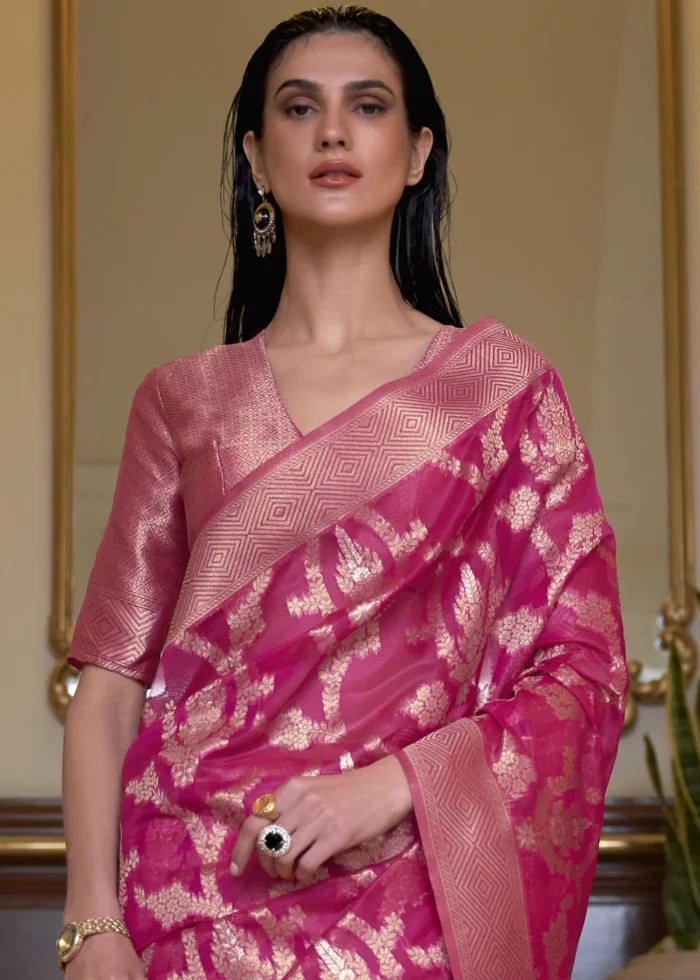 Fuchsia Pink Banarasi Organza Silk Saree