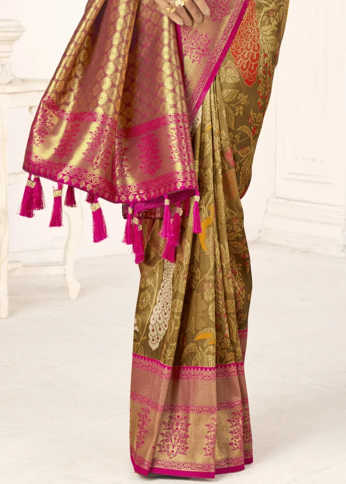 Golden Olive Kanjivaram Saree