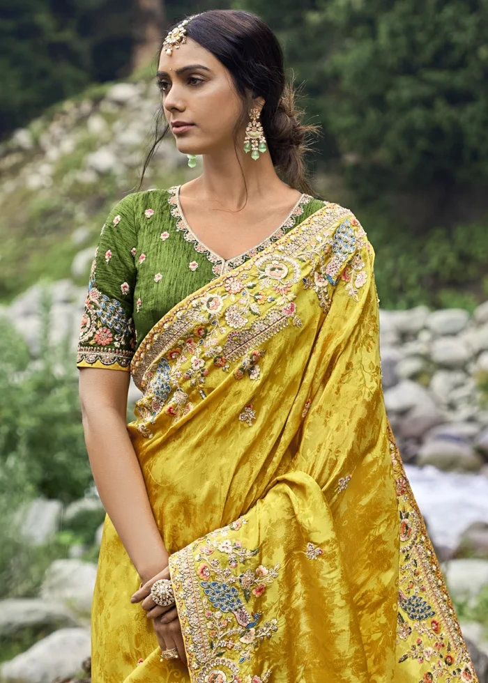 Golden Yellow Embroidered Silk Saree