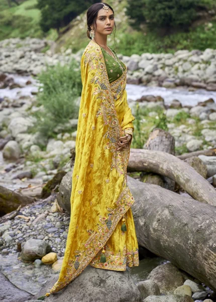 Golden Yellow Embroidered Silk Saree