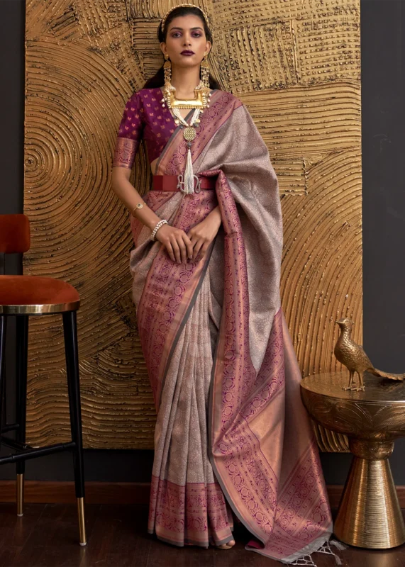 Gray Kanjivaram Saree with Contrast Blouse