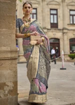 Gray Printed Soft Silk Saree