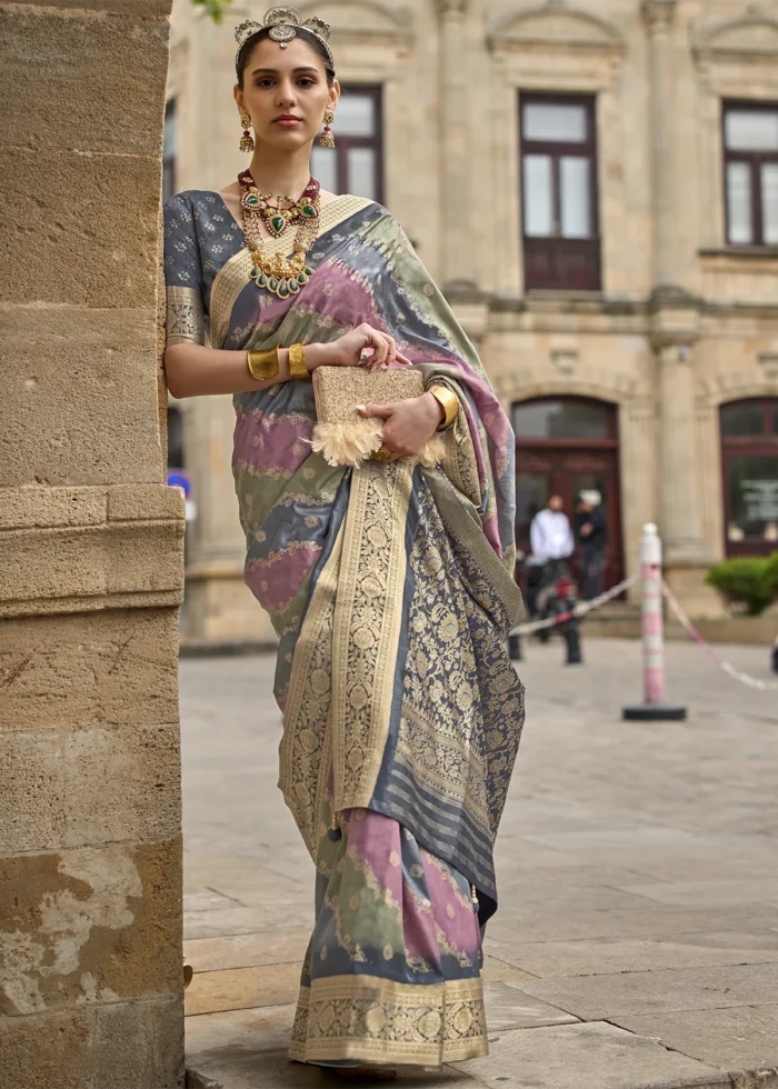 Gray Printed Soft Silk Saree