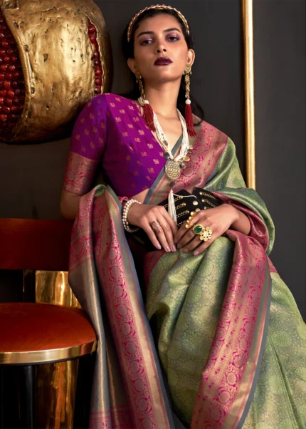 Green Kanjivaram Saree with Contrast Blouse