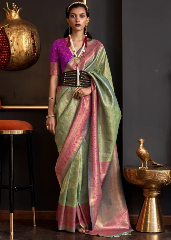 Green Kanjivaram Saree with Contrast Blouse