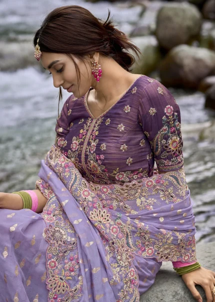 Lavender Embroidered Organza Saree