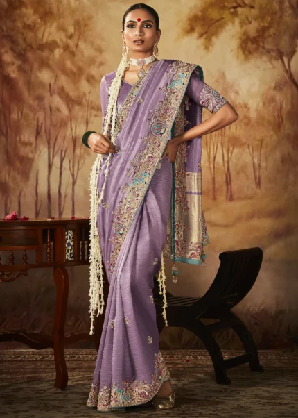 Lavender Kanjivaram Silk Saree with Embroidery Work