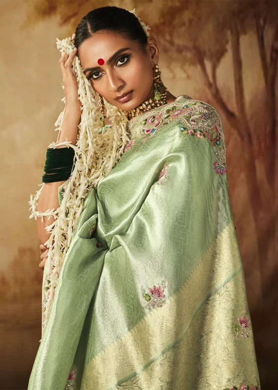 Light Green Kanjivaram Silk Saree with Embroidery Work